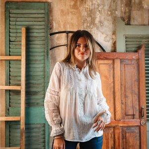 Vintage Scully LONG SLEEVE CROCHET TRIM POET BLOUSE Women's White Lace Blouse